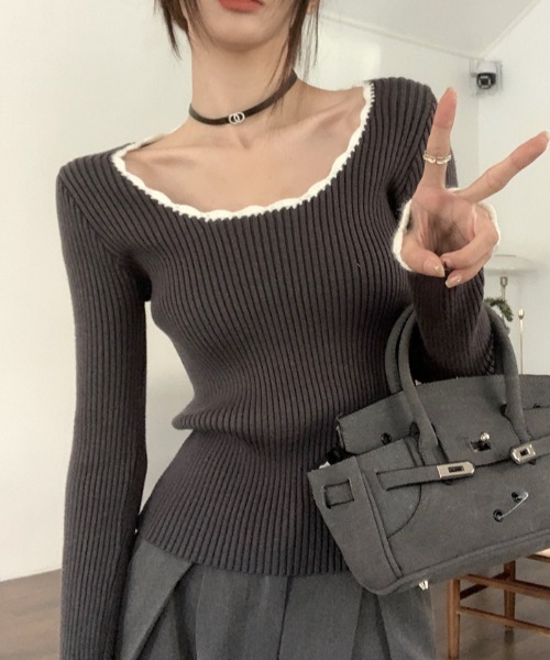Vipoa(ヴィポア)の「collar race tops(ニット/セーター・レディース・ブラック/グレー・FREE)」の16枚目の写真