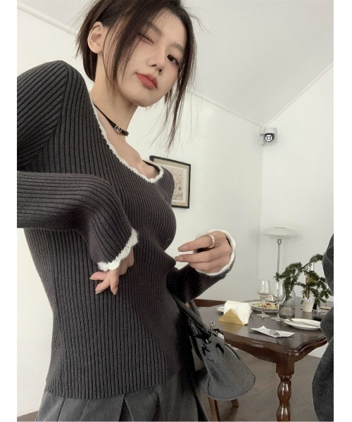 Vipoa(ヴィポア)の「collar race tops(ニット/セーター・レディース・ブラック/グレー・FREE)」の19枚目の写真