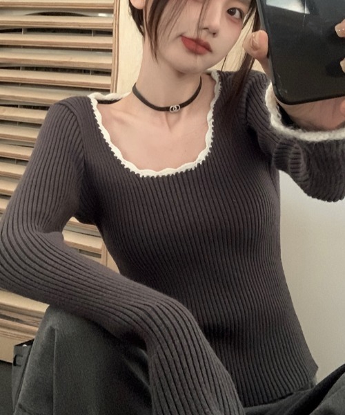 Vipoa(ヴィポア)の「collar race tops(ニット/セーター・レディース・ブラック/グレー・FREE)」の21枚目の写真