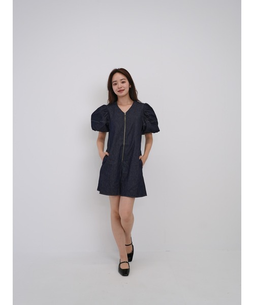 Cla STEllaR(クラステラ)の「デニム スーツ オールインワン ジャンプスーツ コンビネゾン 半袖 ショート ハーフ ジップ(つなぎ/オールインワン・レディース・インディゴブルー・FREE)」の5枚目の写真