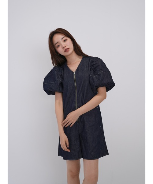 Cla STEllaR(クラステラ)の「デニム スーツ オールインワン ジャンプスーツ コンビネゾン 半袖 ショート ハーフ ジップ(つなぎ/オールインワン・レディース・インディゴブルー・FREE)」の13枚目の写真