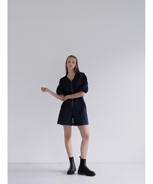 Cla STEllaR(クラステラ)の「デニム スーツ オールインワン ジャンプスーツ コンビネゾン 半袖 ショート ハーフ ジップ(つなぎ/オールインワン・レディース・インディゴブルー・FREE)」の20枚目の写真