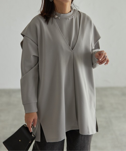 each（イーチ）の「【アンサンブルセット】Vネックベスト＋プチハイネックプルオーバー（アンサンブル・レディース・ブラック/グレー/ベージュ・FREE）」の2枚目の写真