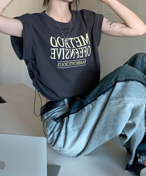 HALEY PESCA（ヘーリーペスカ）の「HALEY PESCA/Y2K ショート丈サイドドロースト ロゴTシャツ（Tシャツ/カットソー・レディース・ホワイト/グレー/グリーン・SMALL/MEDIUM/LARGE）」の12枚目の写真