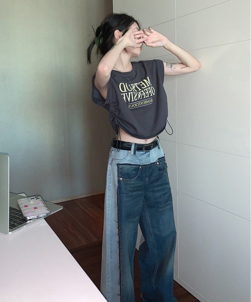 HALEY PESCA（ヘーリーペスカ）の「HALEY PESCA/Y2K ショート丈サイドドロースト ロゴTシャツ（Tシャツ/カットソー・レディース・ホワイト/グレー/グリーン・SMALL/MEDIUM/LARGE）」の9枚目の写真