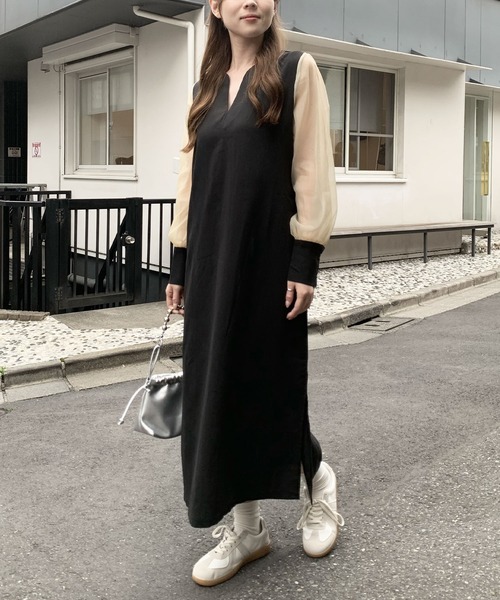 SHEPP(シープ)の「キーネック シアースリーブ きれいめワンピース(ワンピース・レディース・ブラック/アイボリー・M/L)」の6枚目の写真