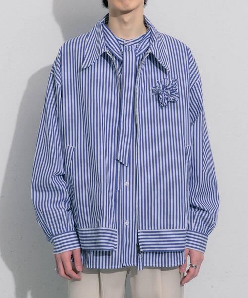 セール】hxcyyd × SOP ストライプフラワーコサージュシャツブルゾン