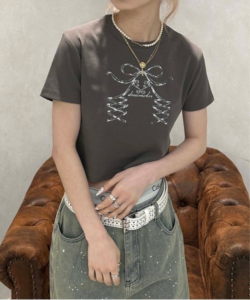 sedacle girl(セダクルガール)の「レースアップリボン クロップドT(Tシャツ/カットソー・レディース・オフホワイト/チャコールグレー・SMALL/MEDIUM)」の13枚目の写真
