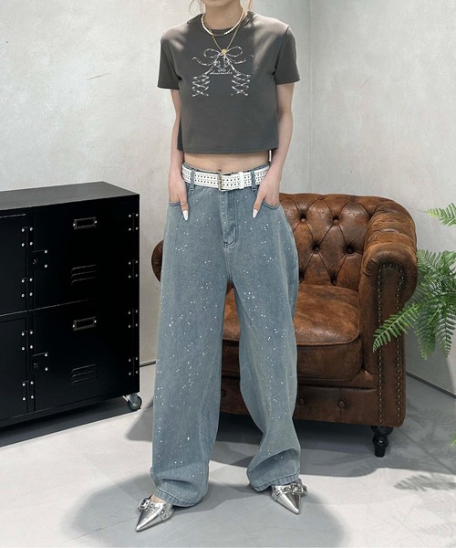 sedacle girl(セダクルガール)の「レースアップリボン クロップドT(Tシャツ/カットソー・レディース・オフホワイト/チャコールグレー・SMALL/MEDIUM)」の3枚目の写真