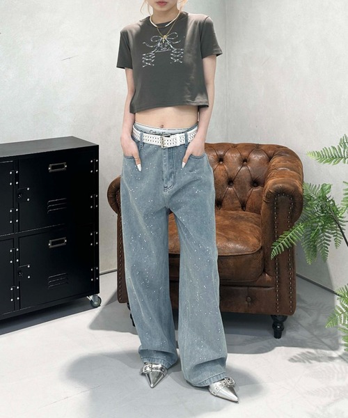 sedacle girl(セダクルガール)の「レースアップリボン クロップドT(Tシャツ/カットソー・レディース・オフホワイト/チャコールグレー・SMALL/MEDIUM)」の4枚目の写真