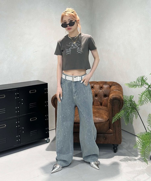 sedacle girl(セダクルガール)の「レースアップリボン クロップドT(Tシャツ/カットソー・レディース・オフホワイト/チャコールグレー・SMALL/MEDIUM)」の5枚目の写真
