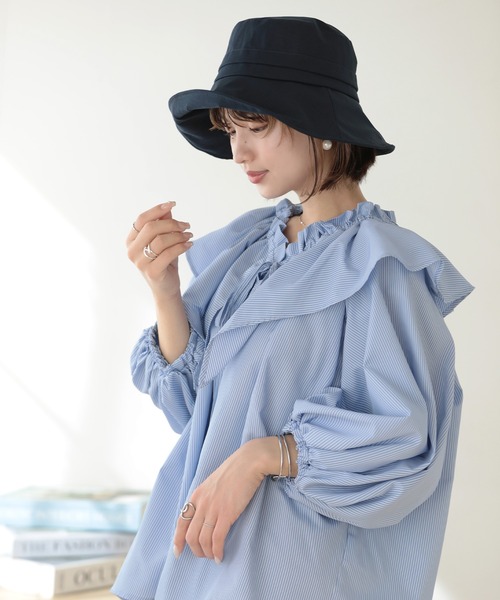 Little＆More（リトルアンドモア）の「バケットハット 綿麻 あご紐ワイヤー入折りたたみ（ハット・レディース・ベージュ/ネイビー/ブルー/ブラック・FREE）」の5枚目の写真