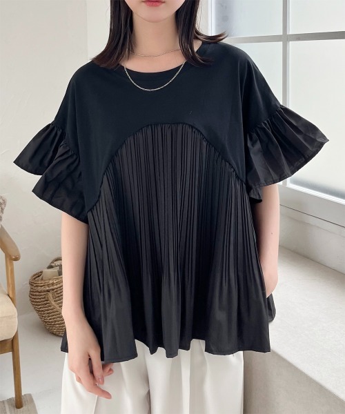 Rejoule(リジュール)の「プリーツ切替異素材コンビTシャツ(Tシャツ/カットソー・レディース・ブラック/ベージュ/ホワイト・FREE)」の3枚目の写真