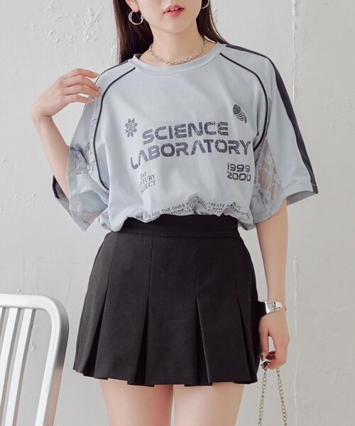 tシャツ 袖レース腰切り替えTシャツ レディース 綿100％袖立体レース切替Tシャツ[品番：ATTW0007179]｜Viola
