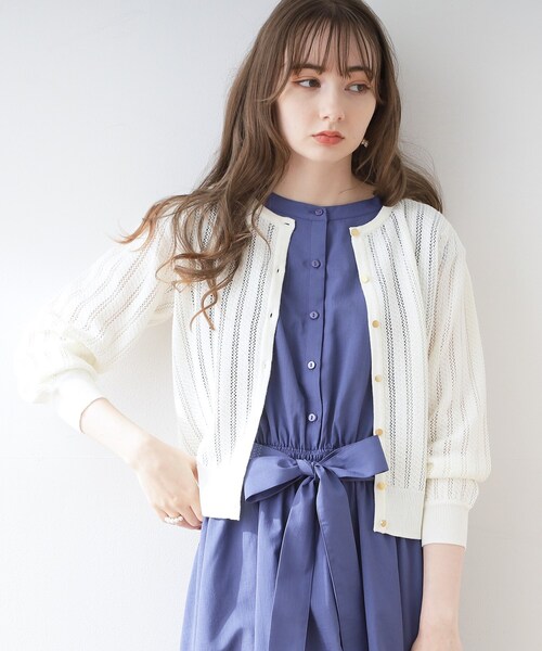 couture brooch（クチュールブローチ）の「◆透かし編みカーディガン（カーディガン/ボレロ・レディース・ネイビー/イエロー系その他/オフホワイト・42/38）」の4枚目の写真