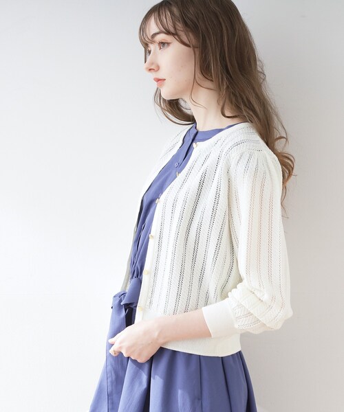 couture brooch（クチュールブローチ）の「◆透かし編みカーディガン（カーディガン/ボレロ・レディース・ネイビー/イエロー系その他/オフホワイト・42/38）」の5枚目の写真