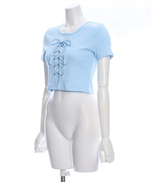 clear（クリア）の「フロントレースアップ半袖リブカットソートップス（Tシャツ/カットソー・レディース・サックスブルー/オフホワイト/ブラック/ピンク・F）」の11枚目の写真