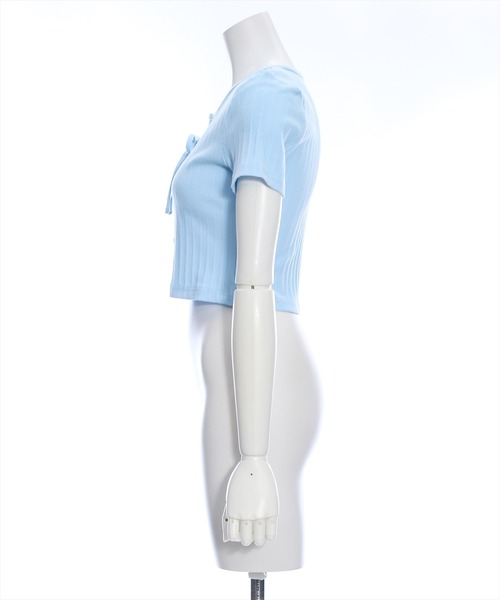 clear（クリア）の「フロントレースアップ半袖リブカットソートップス（Tシャツ/カットソー・レディース・サックスブルー/オフホワイト/ブラック/ピンク・F）」の10枚目の写真