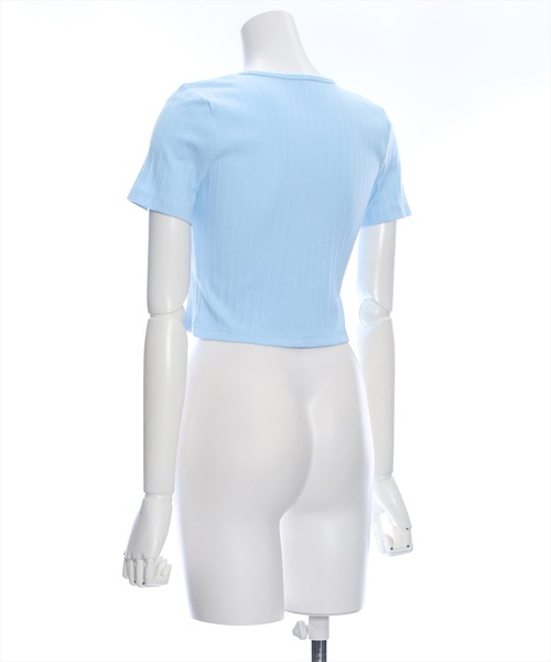 clear（クリア）の「フロントレースアップ半袖リブカットソートップス（Tシャツ/カットソー・レディース・サックスブルー/オフホワイト/ブラック/ピンク・F）」の9枚目の写真