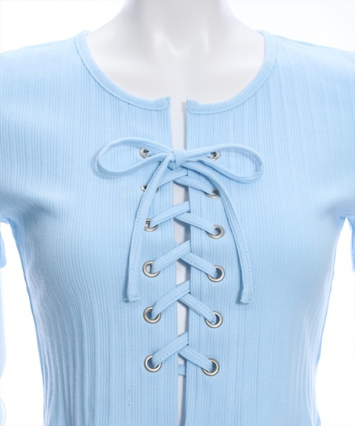 clear（クリア）の「フロントレースアップ半袖リブカットソートップス（Tシャツ/カットソー・レディース・サックスブルー/オフホワイト/ブラック/ピンク・F）」の6枚目の写真