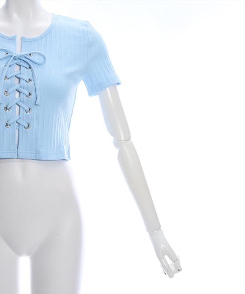 clear（クリア）の「フロントレースアップ半袖リブカットソートップス（Tシャツ/カットソー・レディース・サックスブルー/オフホワイト/ブラック/ピンク・F）」の7枚目の写真