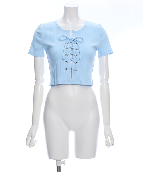 clear（クリア）の「フロントレースアップ半袖リブカットソートップス（Tシャツ/カットソー・レディース・サックスブルー/オフホワイト/ブラック/ピンク・F）」の15枚目の写真