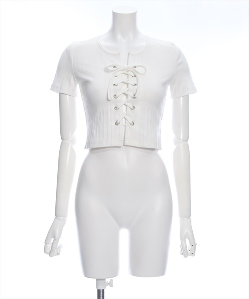 clear（クリア）の「フロントレースアップ半袖リブカットソートップス（Tシャツ/カットソー・レディース・サックスブルー/オフホワイト/ブラック/ピンク・F）」の14枚目の写真