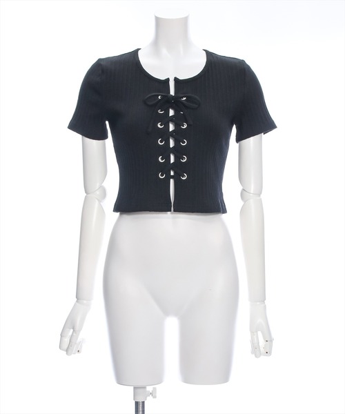 clear（クリア）の「フロントレースアップ半袖リブカットソートップス（Tシャツ/カットソー・レディース・サックスブルー/オフホワイト/ブラック/ピンク・F）」の13枚目の写真