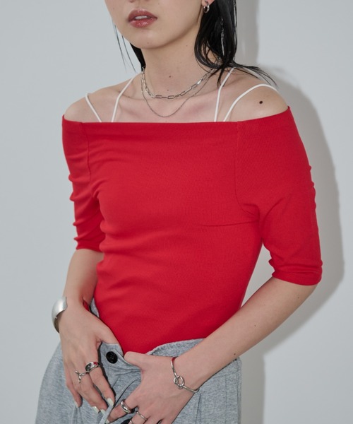 Aunt Marie's（アントマリーズ）の「オフショルハーフスリーブトップス（Tシャツ/カットソー・レディース・ホワイト/ブラウン/レッド/ネイビー/ブラック・FREE）」の5枚目の写真