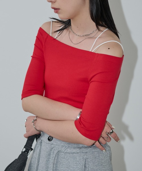 Aunt Marie's（アントマリーズ）の「オフショルハーフスリーブトップス（Tシャツ/カットソー・レディース・ホワイト/ブラウン/レッド/ネイビー/ブラック・FREE）」の14枚目の写真