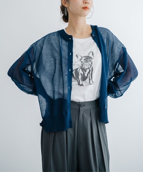 refinedworks(リファインドワークス)の「【refinedworks】 透け感を楽しむ。クルーネックシアーカーディガン!(カーディガン/ボレロ・レディース・ネイビー/ホワイト/グリーン/オレンジ・FREE)」の4枚目の写真