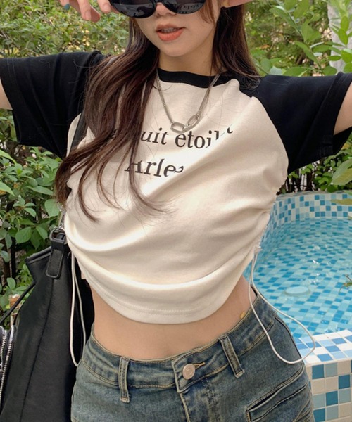 MAISON DE THERESE（メゾン ド テレーズ）の「サイド紐ギャザー　配色プリントTシャツ（Tシャツ/カットソー・レディース・ピンク/ホワイト・FREE）」の2枚目の写真