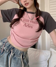 サイド紐ギャザー 配色プリントTシャツ