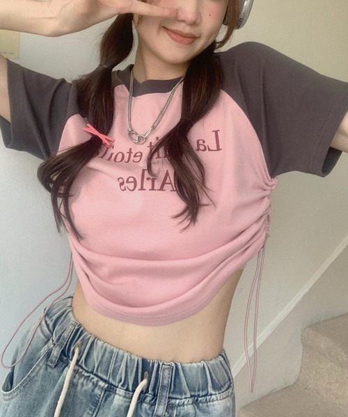 MAISON DE THERESE（メゾン ド テレーズ）の「サイド紐ギャザー　配色プリントTシャツ（Tシャツ/カットソー・レディース・ピンク/ホワイト・FREE）」の8枚目の写真