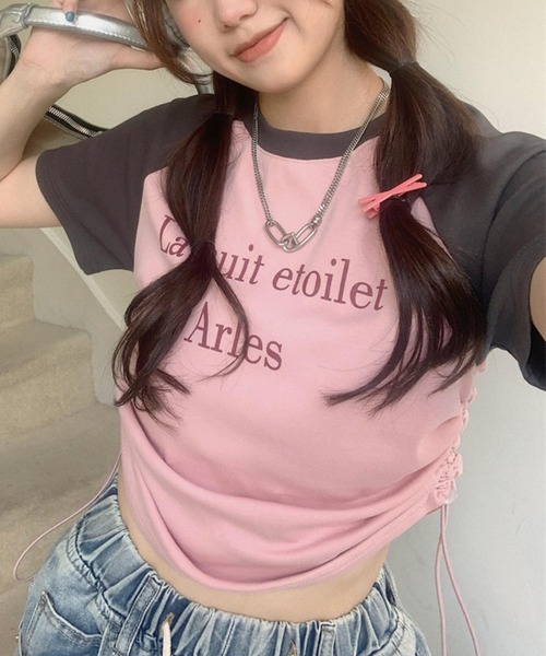 MAISON DE THERESE（メゾン ド テレーズ）の「サイド紐ギャザー　配色プリントTシャツ（Tシャツ/カットソー・レディース・ピンク/ホワイト・FREE）」の9枚目の写真