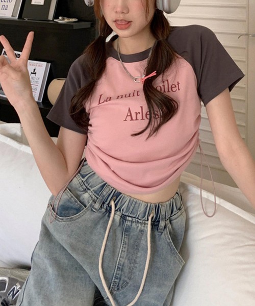 MAISON DE THERESE（メゾン ド テレーズ）の「サイド紐ギャザー　配色プリントTシャツ（Tシャツ/カットソー・レディース・ピンク/ホワイト・FREE）」の11枚目の写真