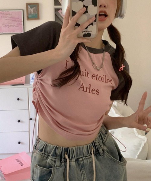 MAISON DE THERESE（メゾン ド テレーズ）の「サイド紐ギャザー　配色プリントTシャツ（Tシャツ/カットソー・レディース・ピンク/ホワイト・FREE）」の12枚目の写真