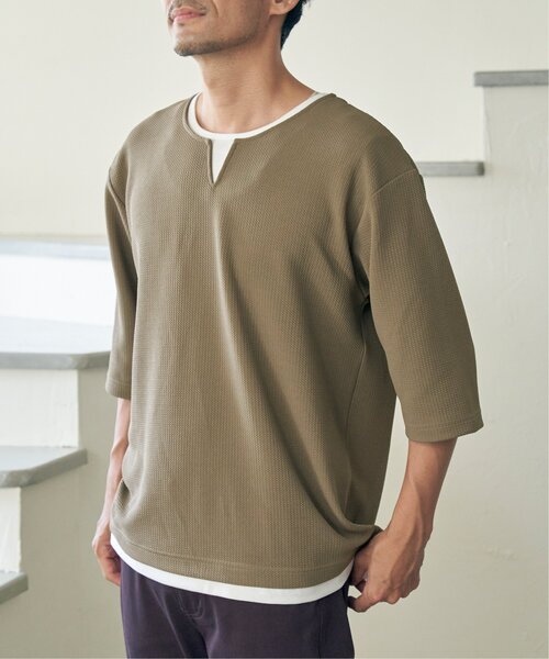 ikka(イッカ)の「【吸水速乾】キーネックレイヤード7分袖Tシャツ(Tシャツ/カットソー・メンズ・ホワイト/グリーン/ネイビー/ベージュ・M/L/XL/S)」の10枚目の写真