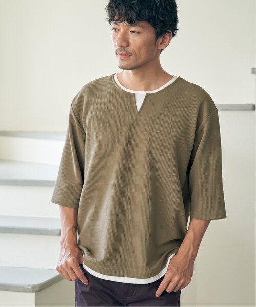 ikka(イッカ)の「【吸水速乾】キーネックレイヤード7分袖Tシャツ(Tシャツ/カットソー・メンズ・ホワイト/グリーン/ネイビー/ベージュ・M/L/XL/S)」の9枚目の写真