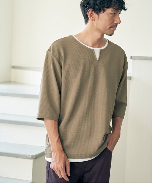 ikka(イッカ)の「【吸水速乾】キーネックレイヤード7分袖Tシャツ(Tシャツ/カットソー・メンズ・ホワイト/グリーン/ネイビー/ベージュ・M/L/XL/S)」の8枚目の写真