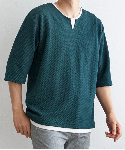 ikka(イッカ)の「【吸水速乾】キーネックレイヤード7分袖Tシャツ(Tシャツ/カットソー・メンズ・ホワイト/グリーン/ネイビー/ベージュ・M/L/XL/S)」の3枚目の写真