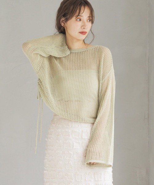 mysty woman(ミスティウーマン)の「メッシュドロストニットプルオーバー 142848(ニット/セーター・レディース・オフホワイト/ライトカーキ/オレンジ・FREE)」の2枚目の写真