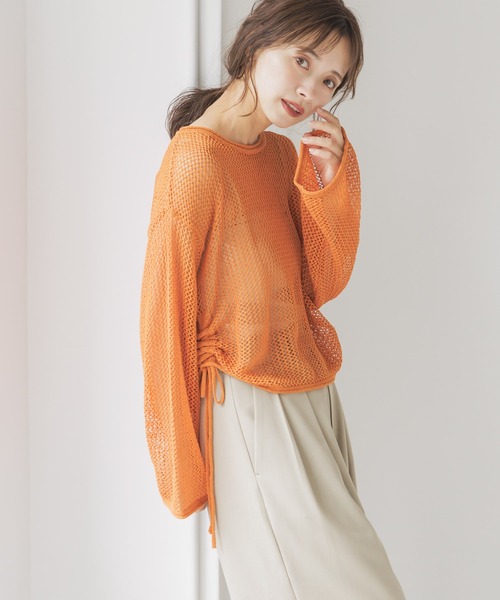 mysty woman(ミスティウーマン)の「メッシュドロストニットプルオーバー 142848(ニット/セーター・レディース・オフホワイト/ライトカーキ/オレンジ・FREE)」の3枚目の写真