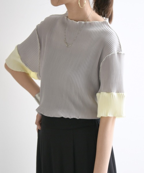 and it_（アンドイット）の「可愛すぎる袖配色半袖プリーツトップス（Tシャツ/カットソー・レディース・ライトブルー/ブラック系2/グレー/キナリ/ベージュ/ブラック系1/ブラウン/ライトグリーン・S-M/M-L）」の10枚目の写真