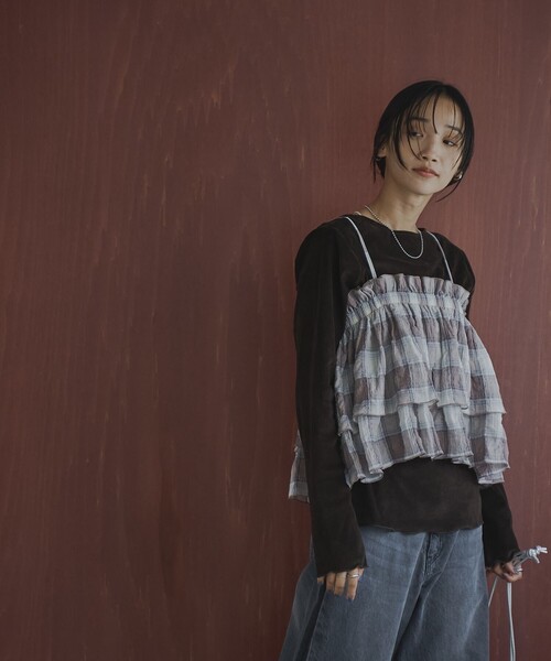 coen（コーエン）の「シアーベロアロングスリーブTシャツ（Tシャツ/カットソー・レディース・ブラック/オフホワイト/ブラウン・M/L）」の7枚目の写真
