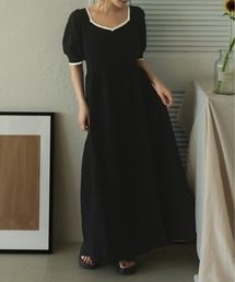 puff sleeve flare color schematic knit onepiece / パフスリーブフレア配色ニットワンピース