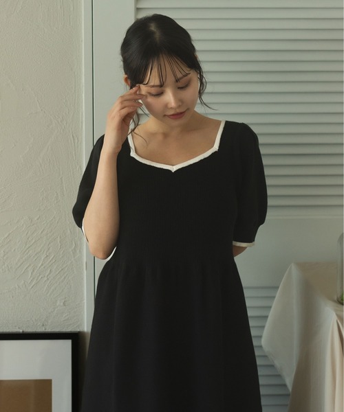 fupel(フぺル)の「puff sleeve flare color schematic knit onepiece / パフスリーブフレア配色ニットワンピース(ワンピース・レディース・ベージュ/ブラック・FREE)」の14枚目の写真