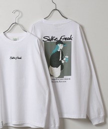 【Selfie freak】 イラスト バックプリント セルフィーガール 長袖 Tシャツ / ロンT / クルーネック