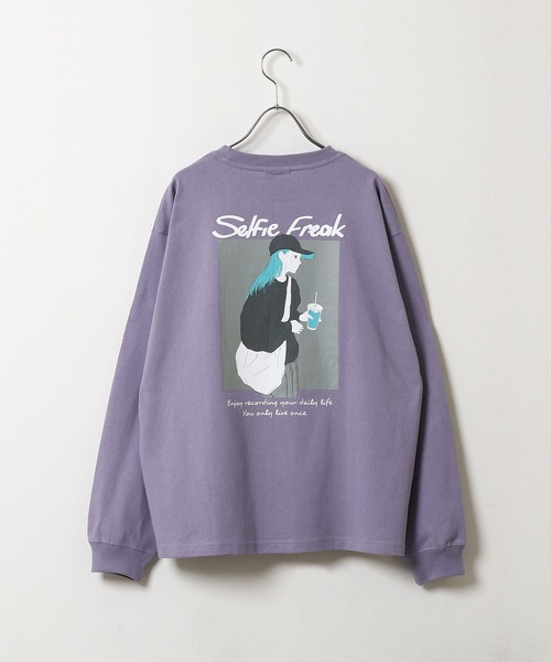 Selfie freak】 イラスト バックプリント セルフィーガール 長袖 T