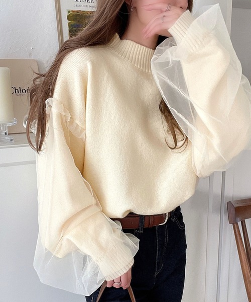 セール】ふわっと広がる洗練カジュアルの新定番。袖チュールニット